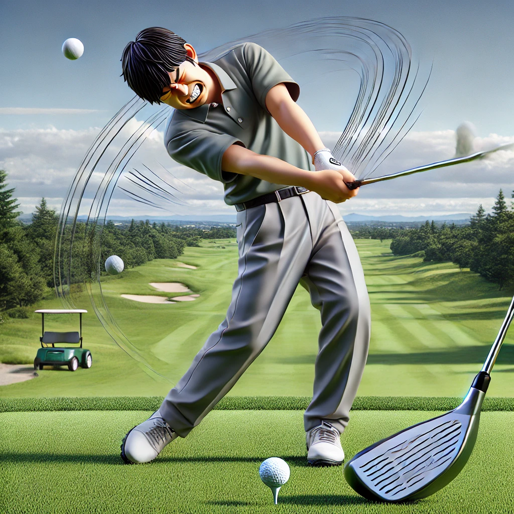 A-high-quality-realistic-illustration-of-a-Japanese-golfer-struggling-to-use-a-Stealth-iron-club-on-a-golf-course.-The-golfer-is-in-mid-swing-with-a.webp
