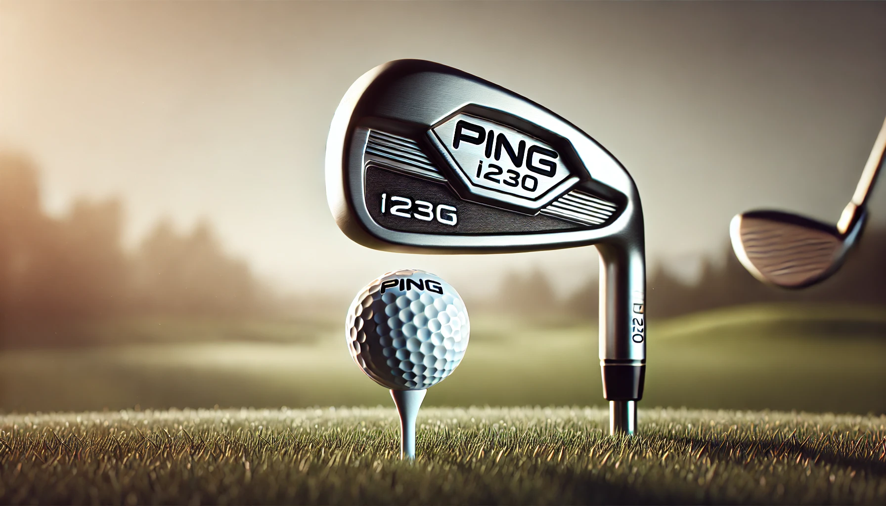 A-close-up-illustration-of-the-PING-i230-iron-resting-on-a-golf-tee-with-a-golf-ball-positioned-in-front-of-it.-The-clubs-sleek-metallic-design-and-.webp