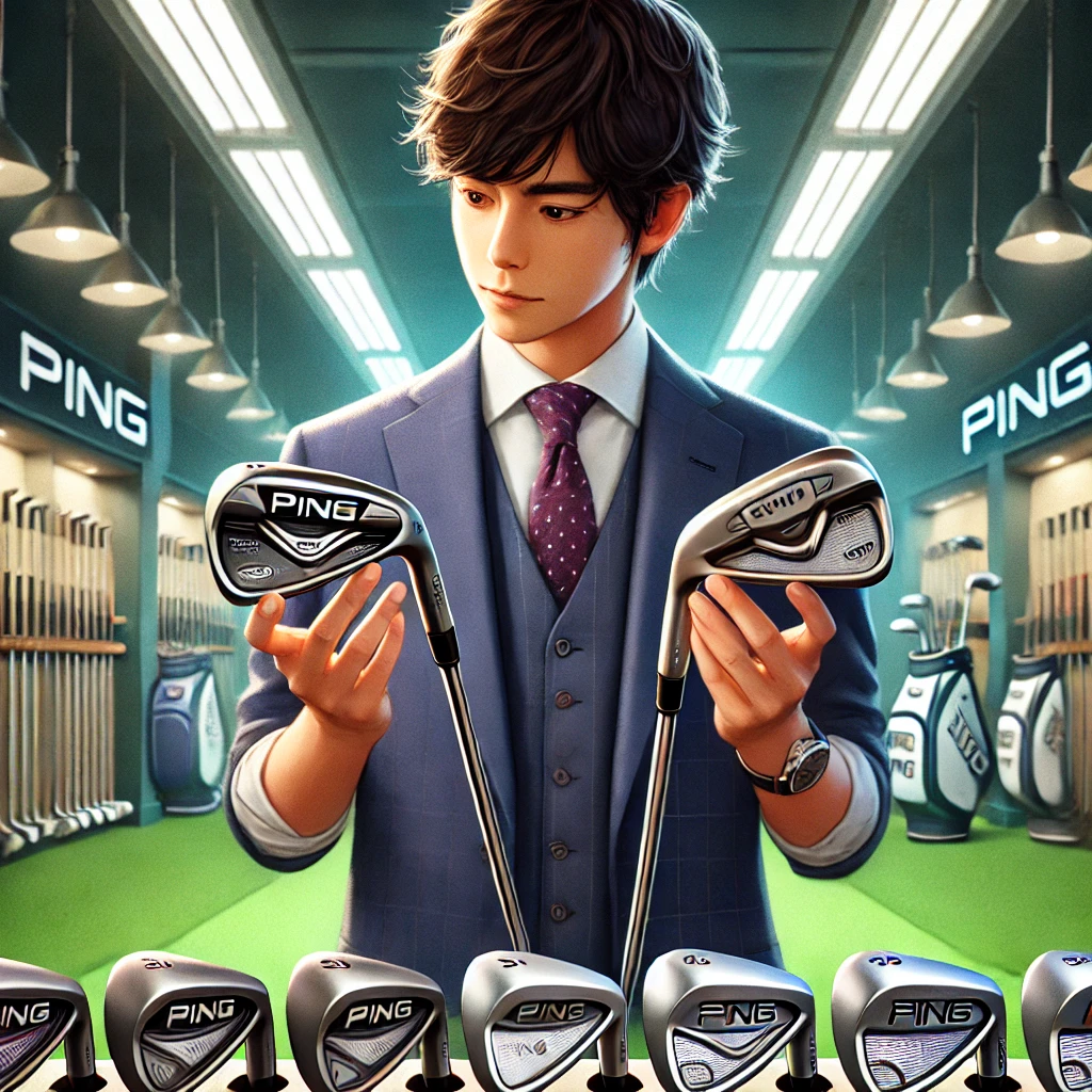 A-side-by-side-comparison-digital-illustration-of-the-PING-i230-iron-versus-other-PING-iron-models.-The-image-features-a-professional-Japanese-golfer-.webp