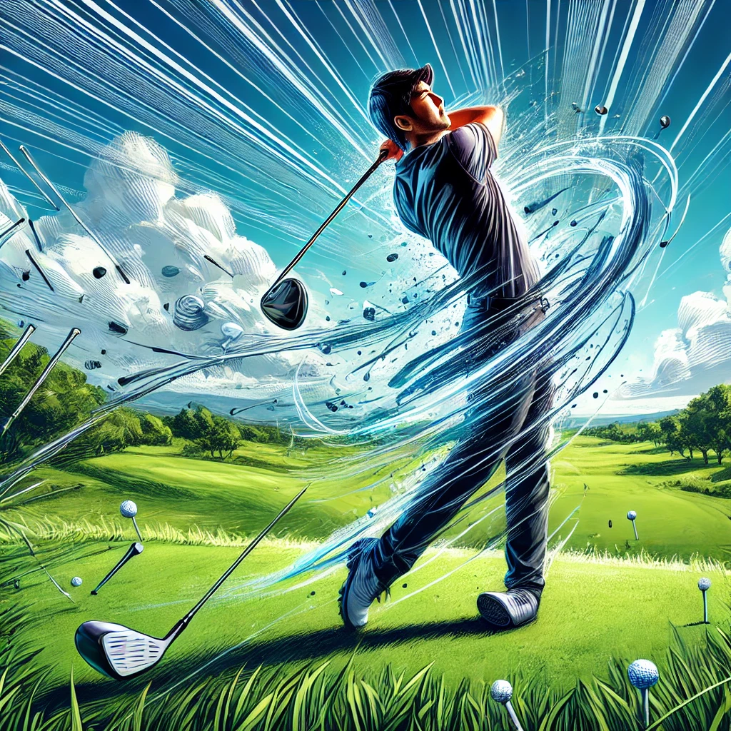 A-dynamic-illustration-of-a-golfer-testing-a-newly-replaced-iron-shaft-on-the-golf-course.-The-golfer-a-Japanese-man-is-mid-swing-demonstrating-the.webp