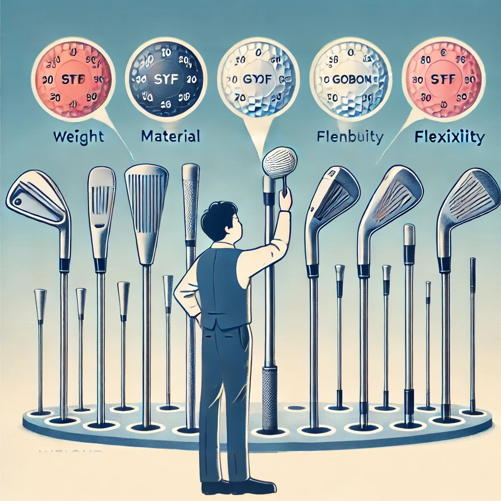 An-informative-illustration-explaining-the-differences-between-weight-material-and-flexibility-in-iron-golf-club-shafts.-The-scene-showcases-a-compa.webp