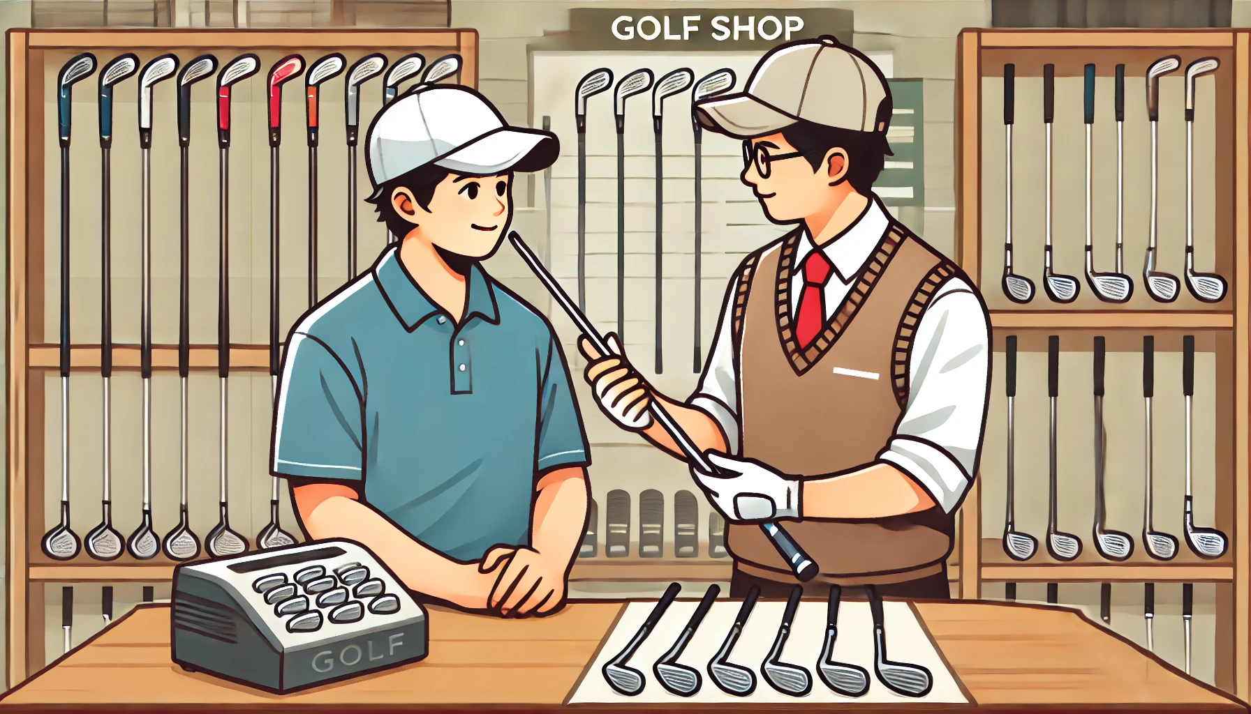A-high-quality-illustration-of-a-golfer-visiting-a-golf-shop-to-inquire-about-reshafting-services.-The-image-features-a-Japanese-golfer-discussing-wit.webp