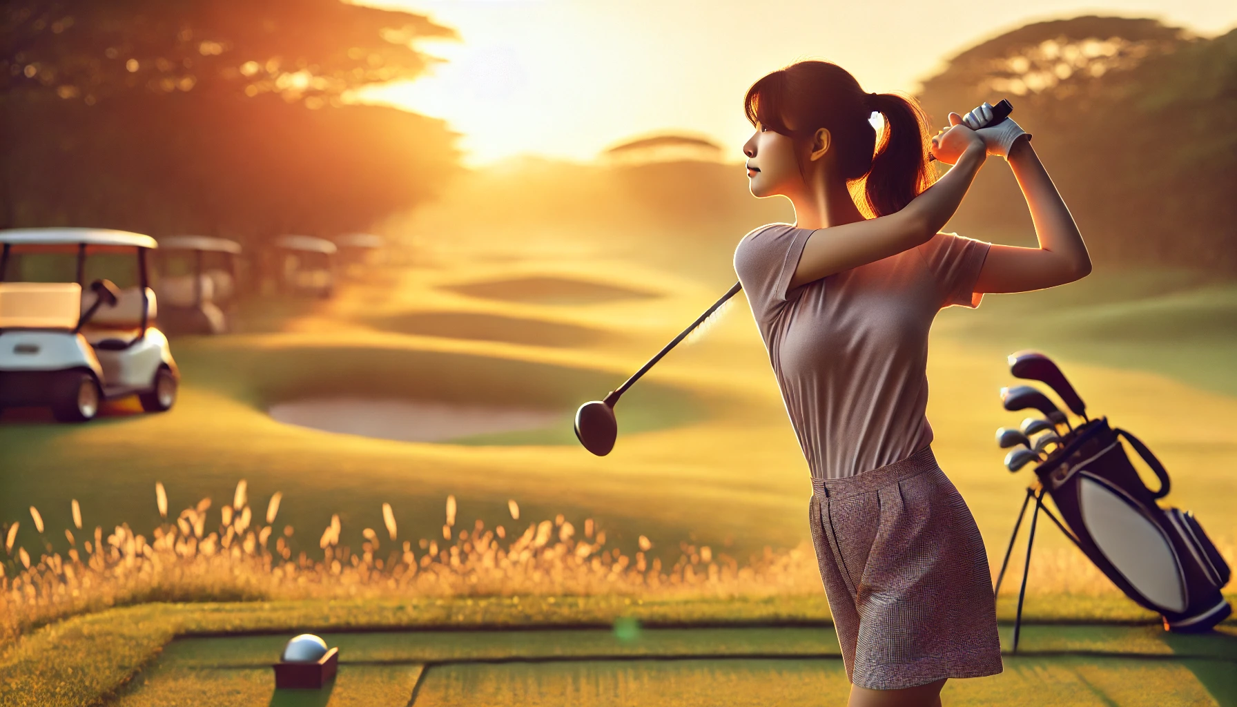 A-Japanese-female-golfer-on-a-scenic-golf-course-during-sunset-practicing-her-iron-shot.-She-is-captured-mid-swing-with-a-smooth-motion-showing-a-fo.webp